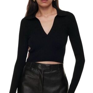 Aritzia Babaton Black Sculpt Knit Cropped Polo Top XXS